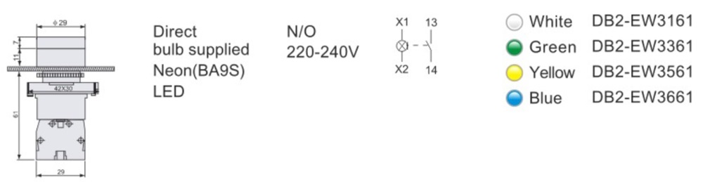 DB2-BW3361 Momentary Push Button Switch with Neon